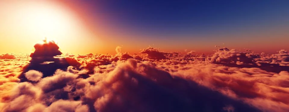 Above clouds fly sunset sun ray Stock Illustration