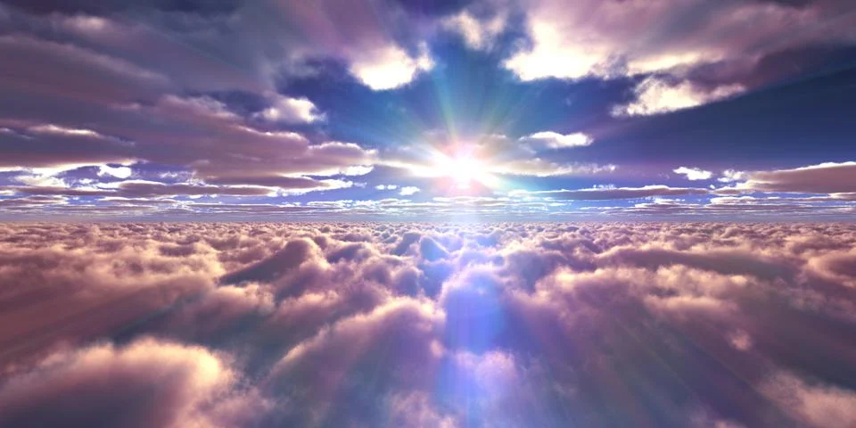 Above clouds fly sunset sun ray Stock Illustration