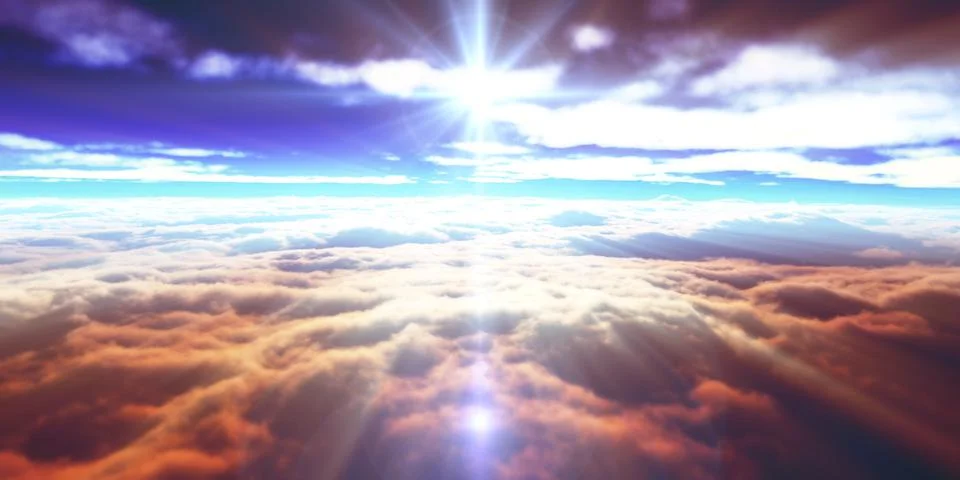 Above clouds fly sunset sun ray Stock Illustration