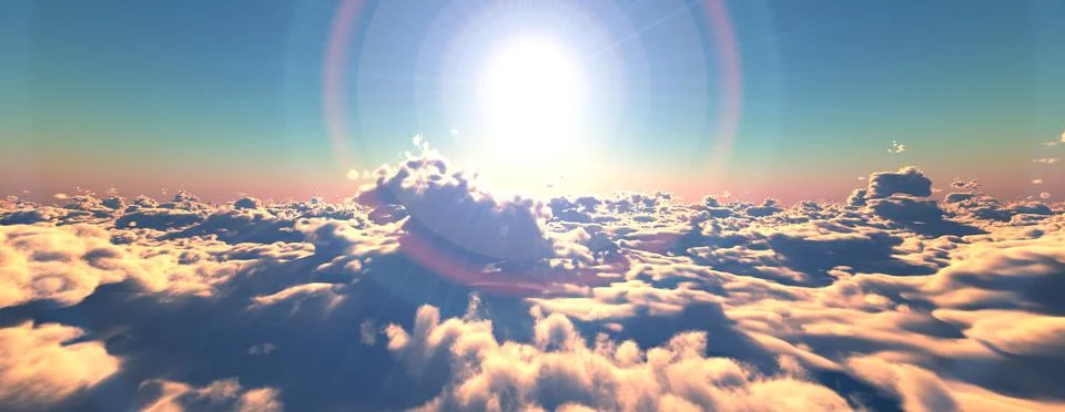 Above clouds fly sunset sun ray Stock Illustration