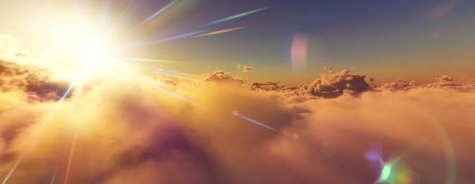 Above clouds fly sunset sun ray Stock Illustration