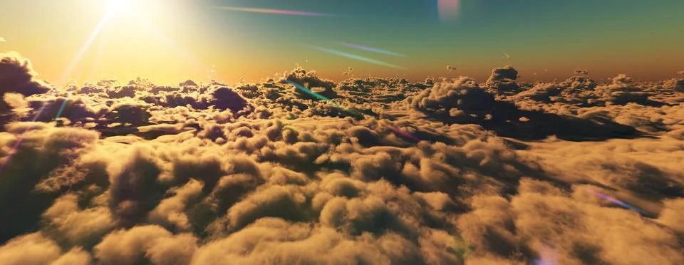 Above clouds fly sunset sun ray Stock Illustration