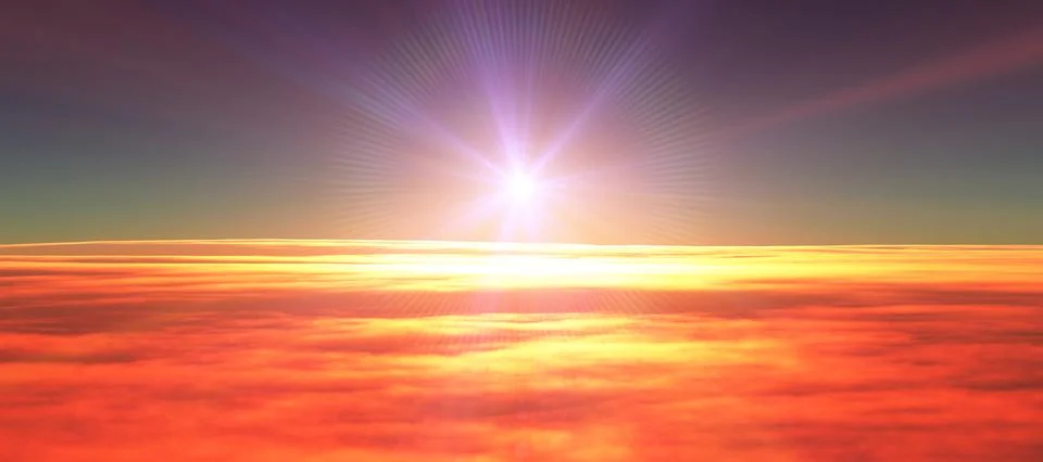 Above clouds fly sunset sun ray Stock Illustration
