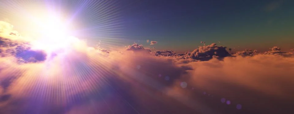 Above clouds fly sunset sun ray Stock Illustration