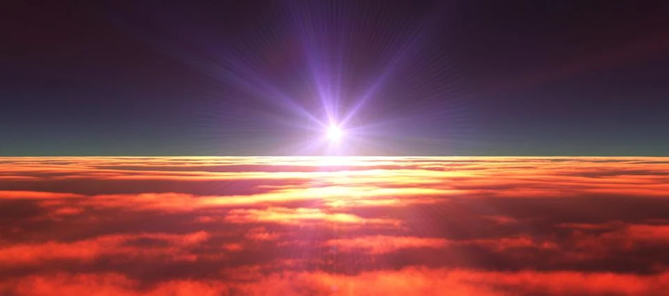 Above clouds fly sunset sun ray Stock Illustration