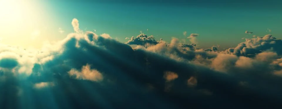 Above clouds fly sunset sun ray Stock Illustration