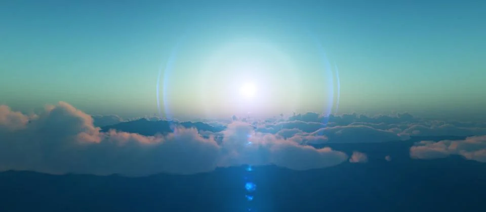 Above clouds fly sunset sun ray Stock Illustration