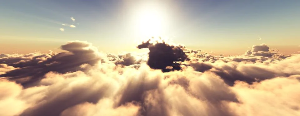 Above clouds fly sunset sun ray Stock Illustration