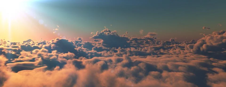 Above clouds fly sunset sun ray Stock Illustration