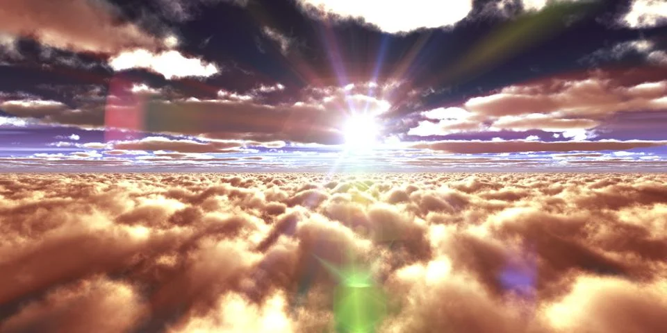 Above clouds fly sunset sun ray Stock Illustration