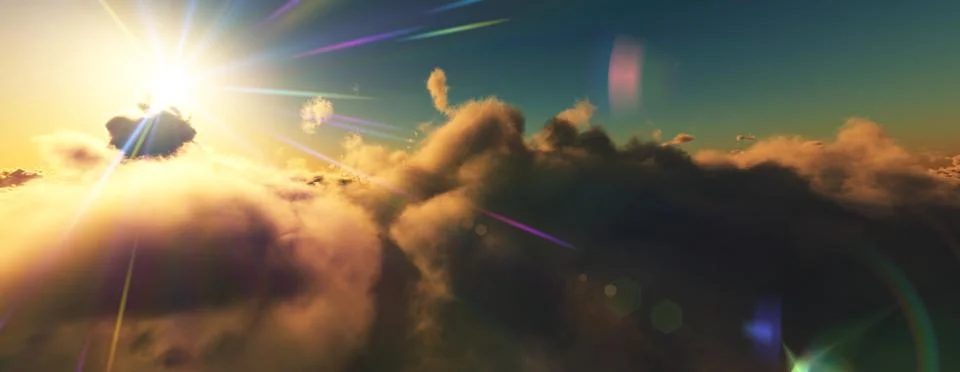 Above clouds fly sunset sun ray Stock Illustration