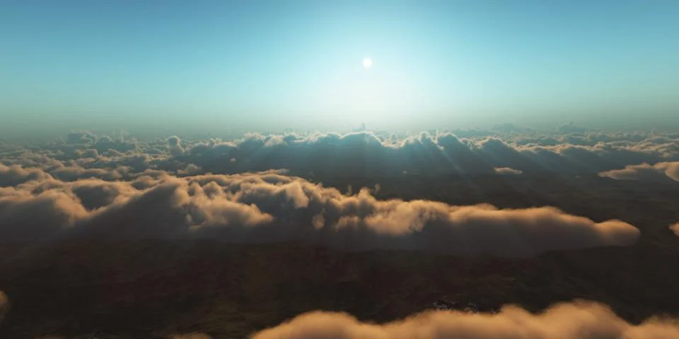 Above clouds fly sunset sun ray Stock Illustration