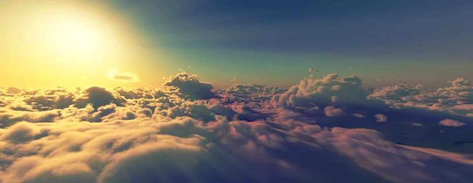 Above clouds fly sunset sun ray Stock Illustration