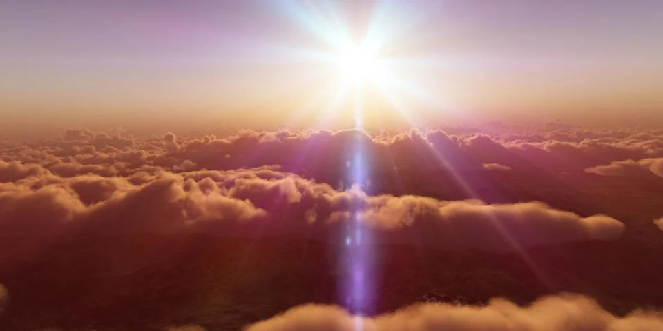 Above clouds fly sunset sun ray Stock Illustration