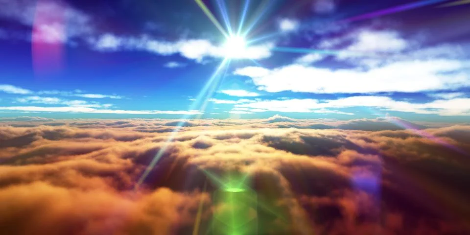 Above clouds fly sunset sun ray Stock Illustration
