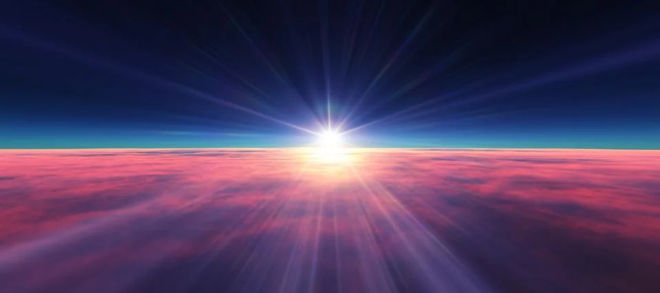 Above clouds fly sunset sun ray Stock Illustration