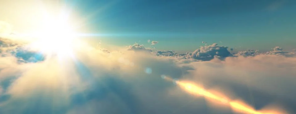 Above clouds fly sunset sun ray Stock Illustration
