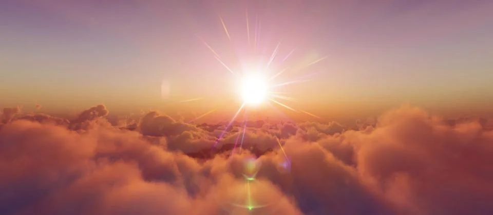 Above clouds fly sunset sun ray Stock Illustration