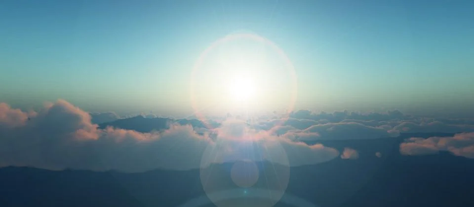 Above clouds fly sunset sun ray Stock Illustration