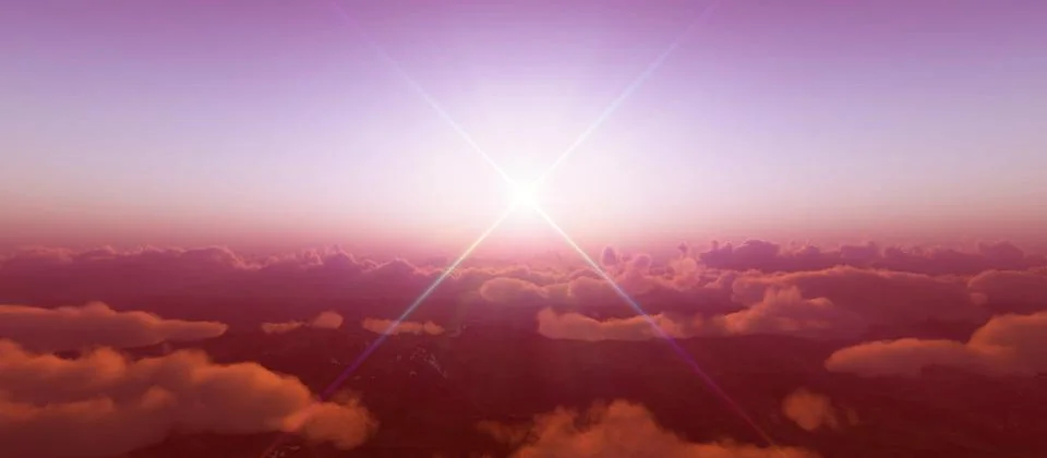 Above clouds fly sunset sun ray Stock Illustration