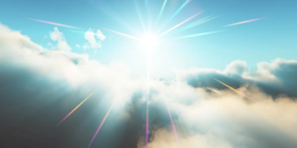 Above clouds fly sunset sun ray Stock Illustration