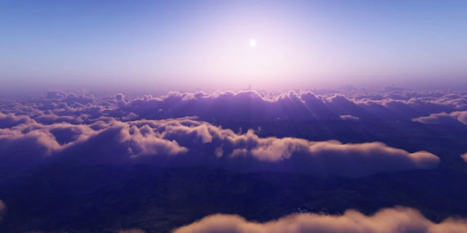 Above clouds fly sunset sun ray Stock Illustration