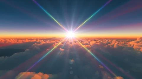 Above clouds fly sunset sun ray illustration Stock Illustration