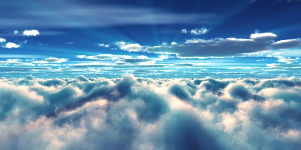 Above clouds fly sunset sun ray Stock Illustration