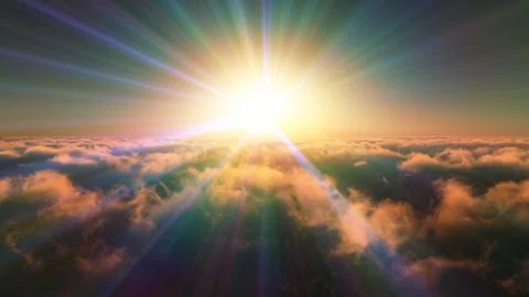 Above clouds fly sunset sun ray Stock Illustration
