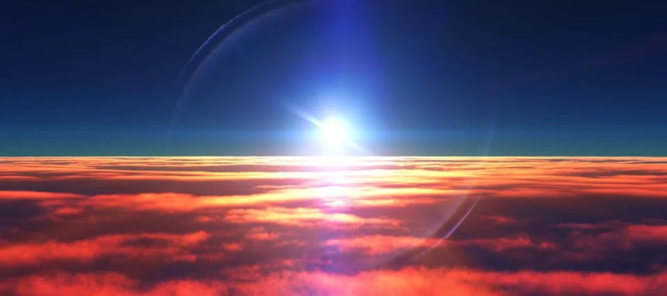 Above clouds fly sunset sun ray Stock Illustration