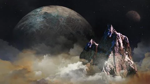 Above the Clouds Mountain Peak with Planets Stock Illustration