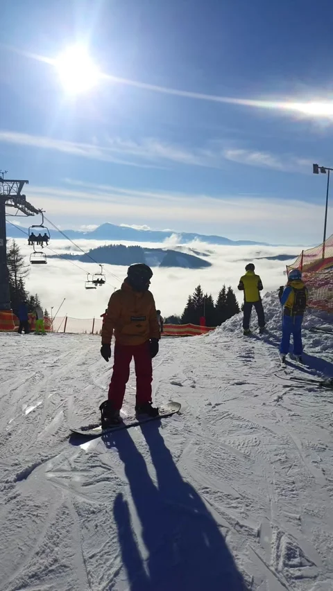 Above the clouds ski resort beautiful landscape Stock Footage 218573028