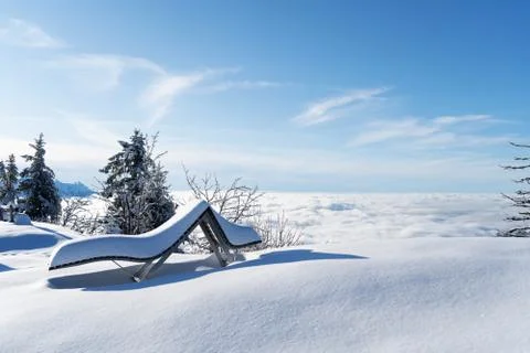 Above the clouds. View from the mountain of Rigi, Switzerland. Meditation bench Фото