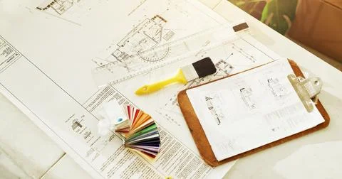 Above, document and table with blueprint for interior design, planning and .. Stock Photos