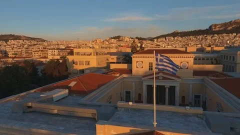 From Above Drone Of Greece Flag During Sunset In Athens Stock Footage 122301153
