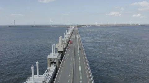 Above Dutch storm surge barrier of Oosterscheldekering in 4k Stock Footage 114176053
