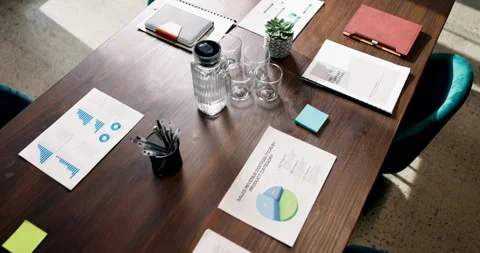 Above, empty and table with documents in office for financial review, analytics Stock Footage 340599911