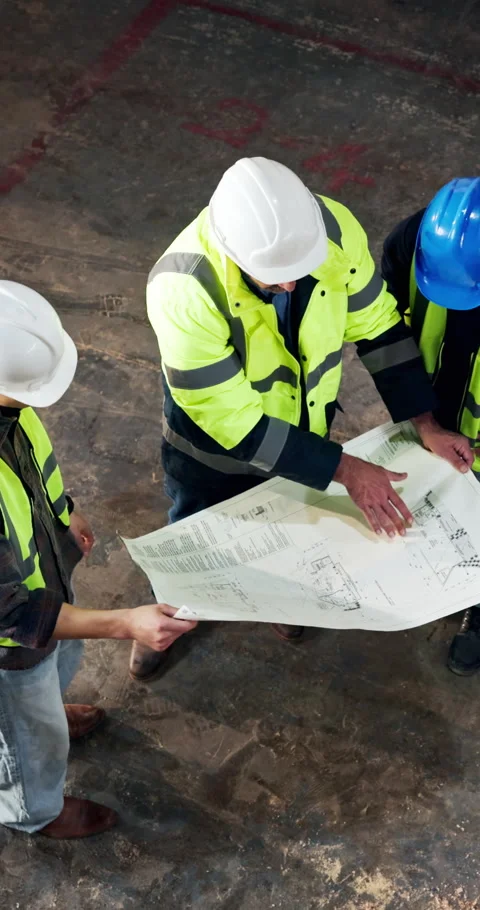 Above, engineer and team in warehouse with blueprint, collaboration or advice Stock Footage 340604280