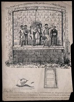 Above, the execution of William Corder by hanging in 1828; below, William C.. Stock Illustration
