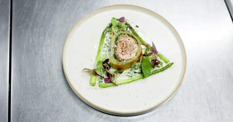 Above, food and fine dining on plate for cooking, luxury or fancy restaurant. Stock Footage 324076977