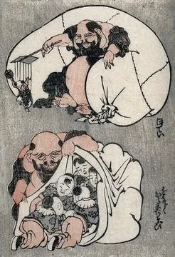Above, a man with a closed sack operates a string puppet; below, the man op.. Stock Illustration