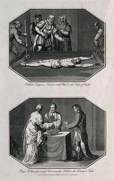 Above, the martyr Cuthbert Simpson is tortured on the rack in the Tower of .. Stock Illustration