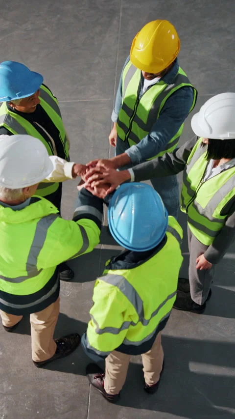Above, meeting and engineer with hands together in warehouse for construction Stock Footage 342326158