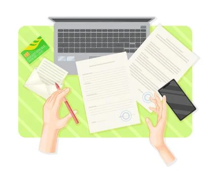 Above Office Desk Layout with Human Hands Signing Document with Laptop and Stock Illustration