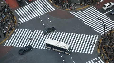 Above Shot Real Time Large Crossing Aerial View Tokyo Cars Passing Traffic Bus Stock Footage 12431804