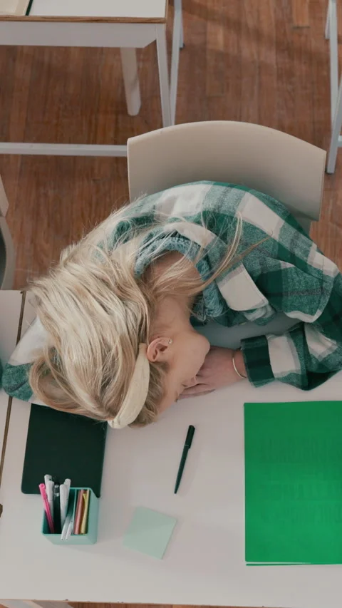 Above, students and sleeping in high school with fatigue, difficult assessment Stock Footage 332895643