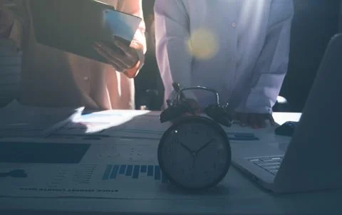 Above table with finance papers, graphs and big data during teamwork meetin.. Stock Photos