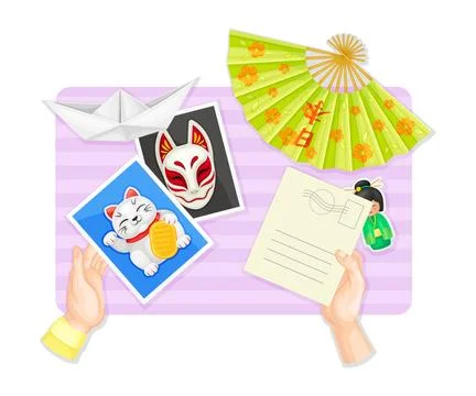 Above Table Layout with Human Hands Reading Postal Card with Chinese Attribute Stock Illustration