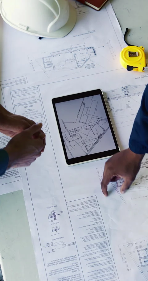 Above, tablet and men with blueprint for construction, planning and ideas for Stock Footage 337029830