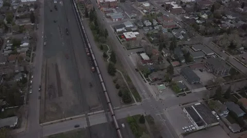 Above train going through small town. Stock Footage 166421900